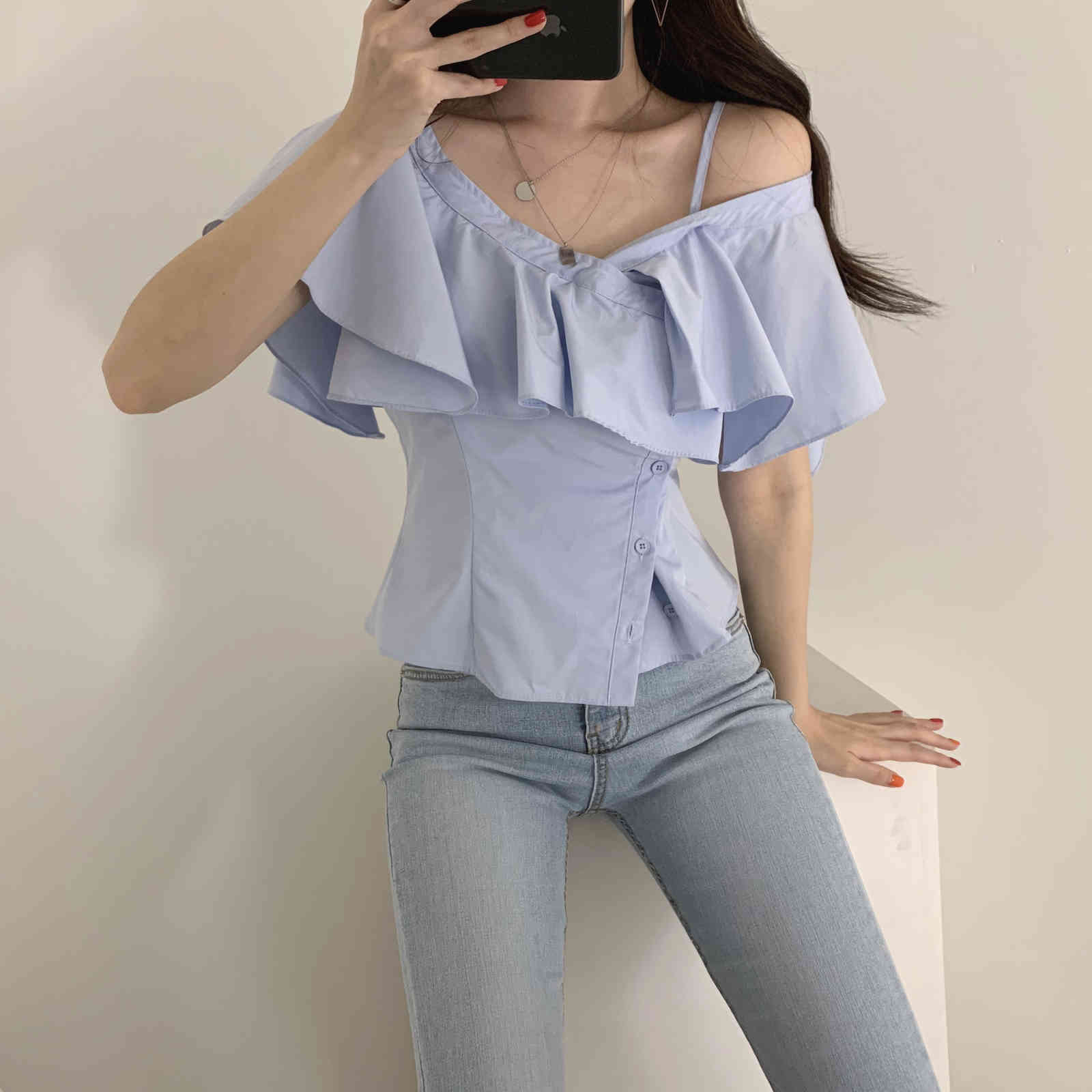 Chic Korean Fashion Clothing Summer Sexy Blue V Neck Off Shoulder Ruffles Blouse Women Irregular Short Blusas De Mujer Wild 210429