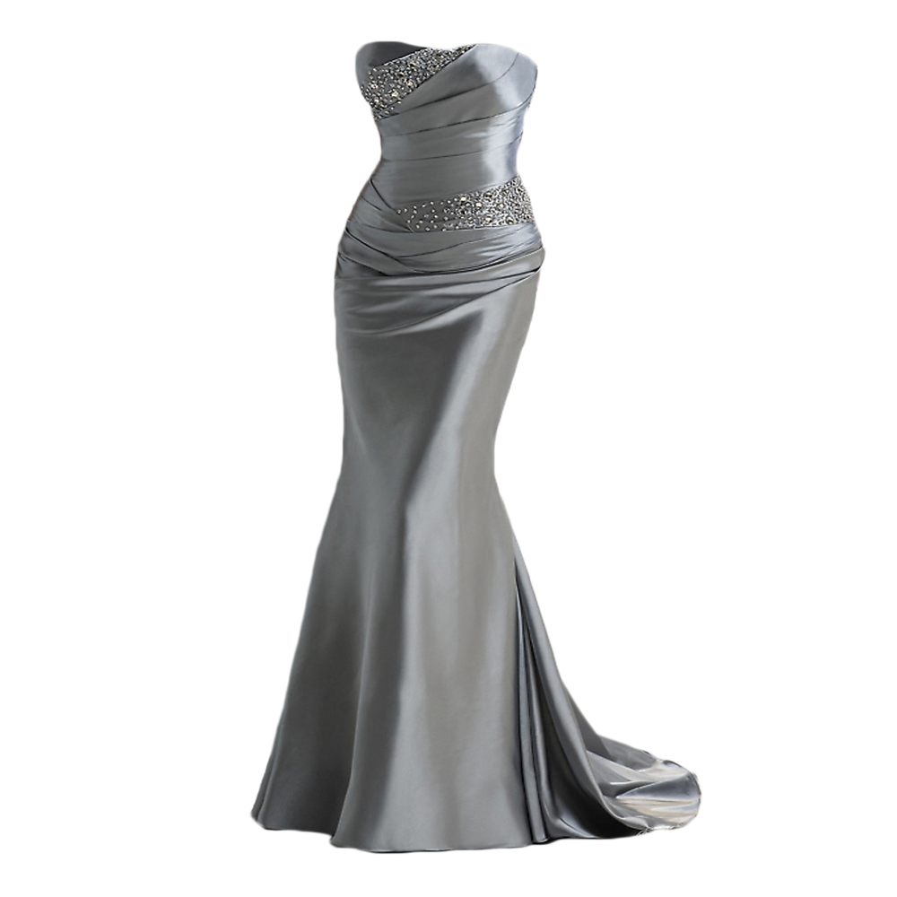 Elegant Silver Mermaid Evening Dress With Beaded Pleat African Floor Length Satin Long Prom Dresses 2022 Sexy Strapless Party Gowns Robe De Soirée Fem