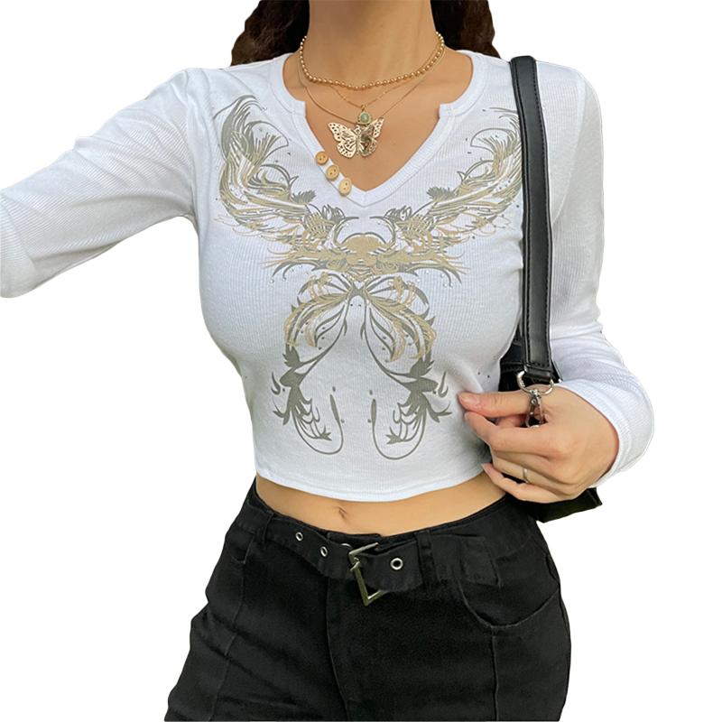 Women's T-Shirt Women Clothing Polyester Abstract Print Crop Tops Casual Long Sleeve Notched V-Neck Rhinestone T-Shirts, White
Women's T-Shirt Women Clothing Polyester Abstract Print Crop Tops Casual Long Sleeve Notched V-Neck Rhinestone T-Shirts, White