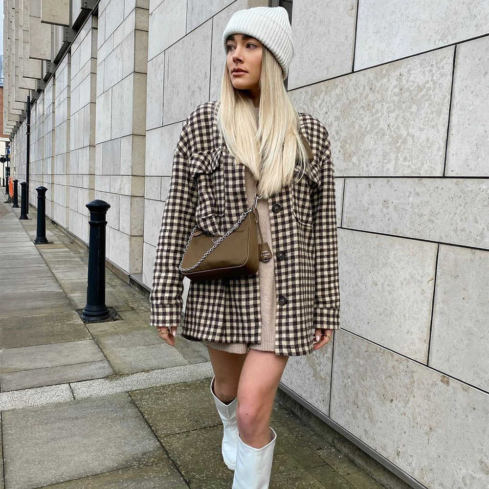Women Jacket Checked Overshirt Chic Lady Fashion Casual Vintage Woman Oversized Coat Outfits Tops 210709