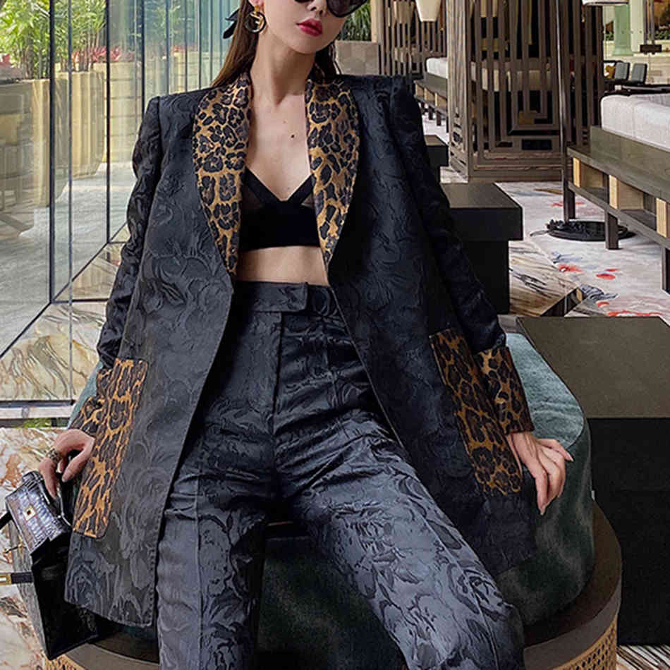 Summer Suit High Quality Leopard Print Lapel Belt Blazer + Jacquard Long Two-Piece Pants Sexy Office Lady Set 210525