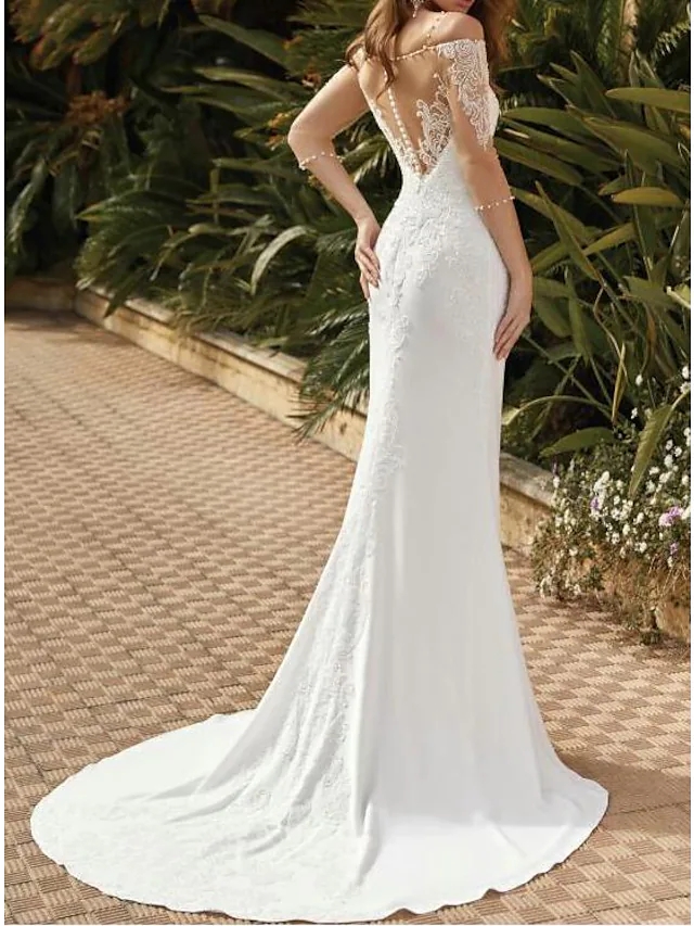 Sexy See-Through Mermaid Wedding Dresses Square Pearls Sweep Train Lace Satin Tulle Half Sleeve Bridal Gown Vestidos De Novia Custom Made 2022