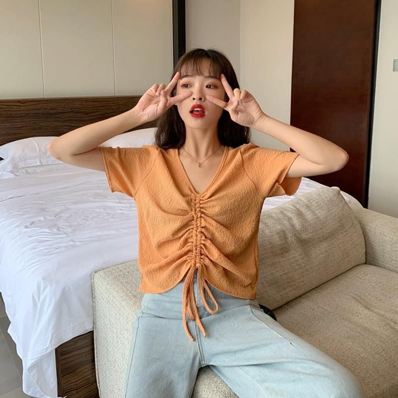 Wonder loose short paragraph ride short-sleeved T-shirt female summer drawstring fold plus size tops 210510