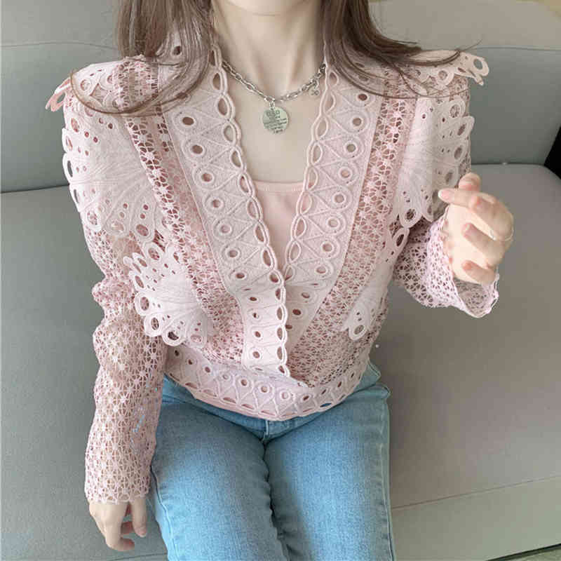 Vintage Puff Sleeve Spring Summer Top Blouse Women Hollow V-neck Lace Shirt Blouses Crochet Casual White Blosue Blusas 12960 210512