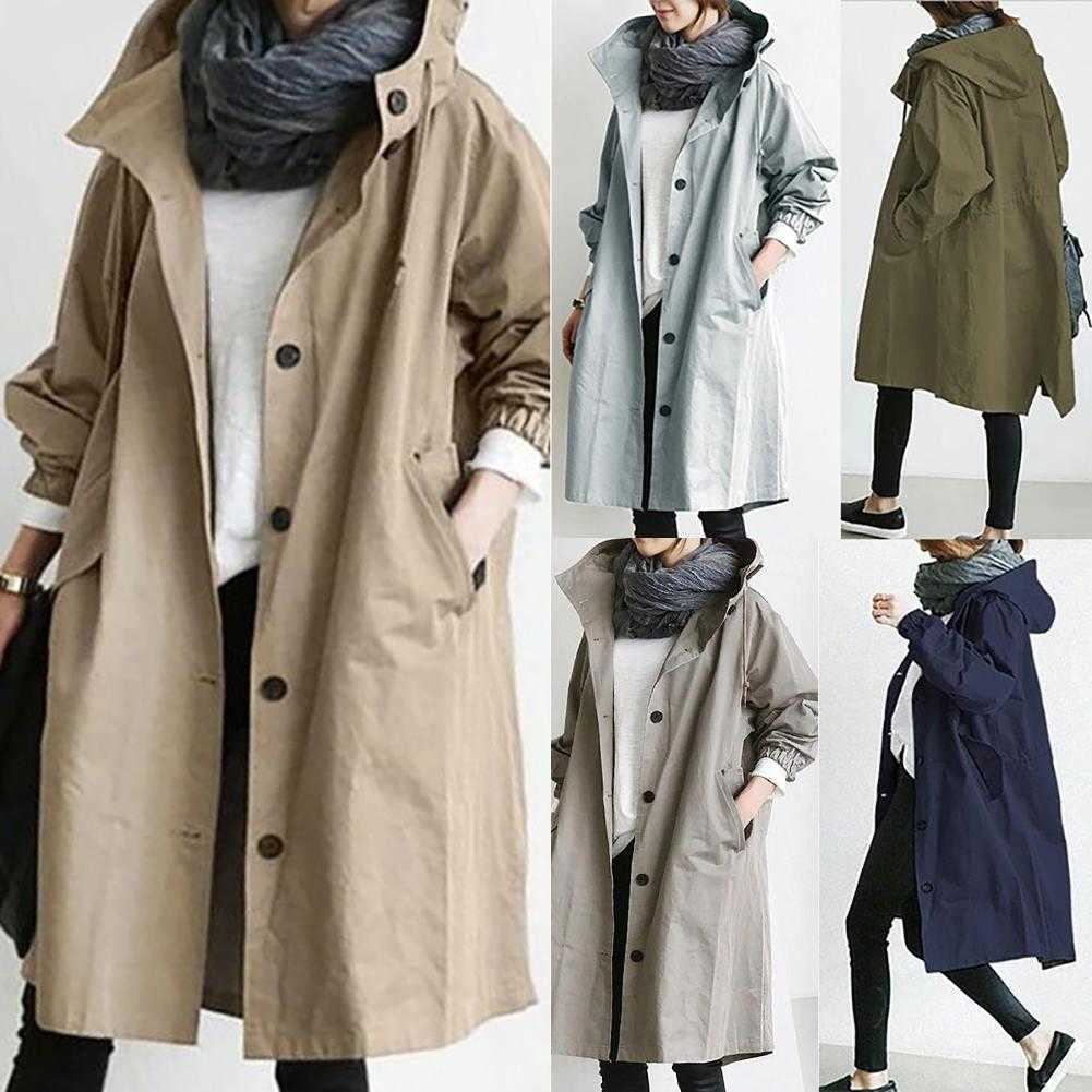 Women Autumn Solid Color Pocket Hooded Windbreaker Long Trench Coat Outerwear Women's Clothing Femme Veste 210820