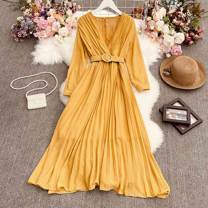 Nomikuma Korean Pleated A-line Elegant Long Dress Belt Slim Waist V-neck Long Sleeve Vestidos Spring New Women Dresses 6G176 210427