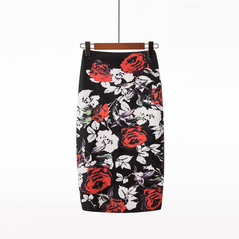 Floral Print Elastic High Waist Pencil Skirts Midi Skirt Women Printed OL Work Wear Summer Plus Size Short