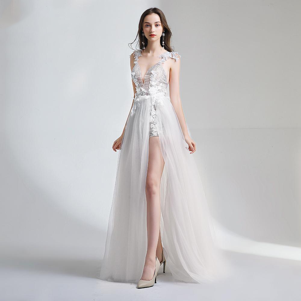 Fashion White Lace Evening Dress Sexy V-neck Backless Beach Dress Vestido De Fiesta Banquet Flower Party Formal Gown in Stock