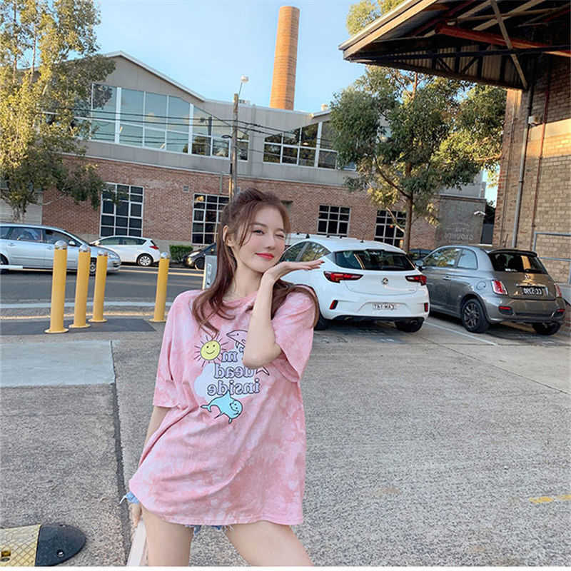WOMENGAGA Cartoon print summer Korean short sleeve long T-shirt for female students lovely cute Kawaii korean tees 897J 210603