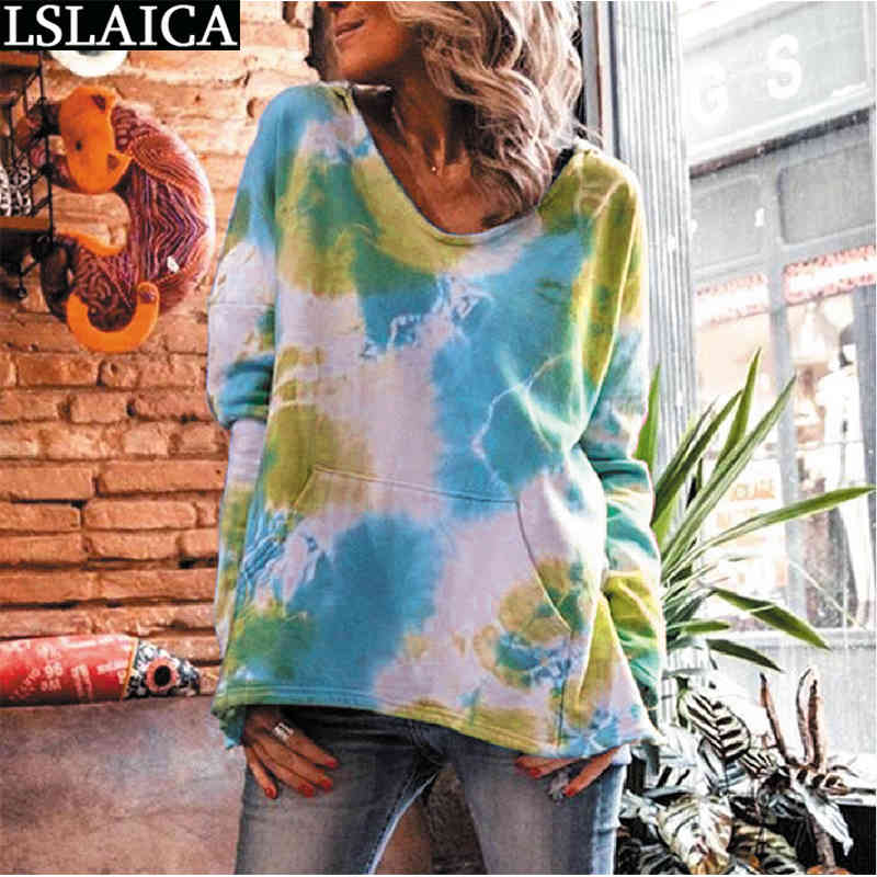 Sweatshirt Women Fashion Tie Dye Print Hoodies Long Sleeve Female Sweatshirts Casual Loose Pocket Tops Autumn Plus Size Clothes 210520