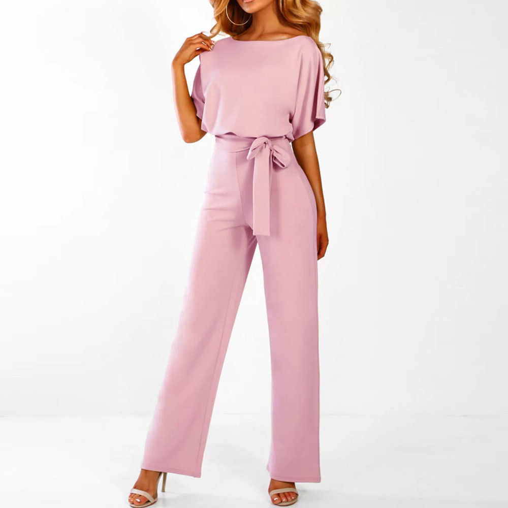 Summer Chiffon Jumpsuit Casual Solid Short Sleeve Wide Leg Jumpsuits with Belt Plus Size 3XL Overalls Rompers 210428