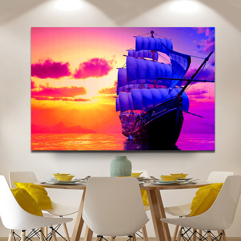 Modern Wall Art Canvas Painting Sunrise Colorful Sky Clouds Boat Pictures Seascape Poster For Living Room Home Decor No Frame