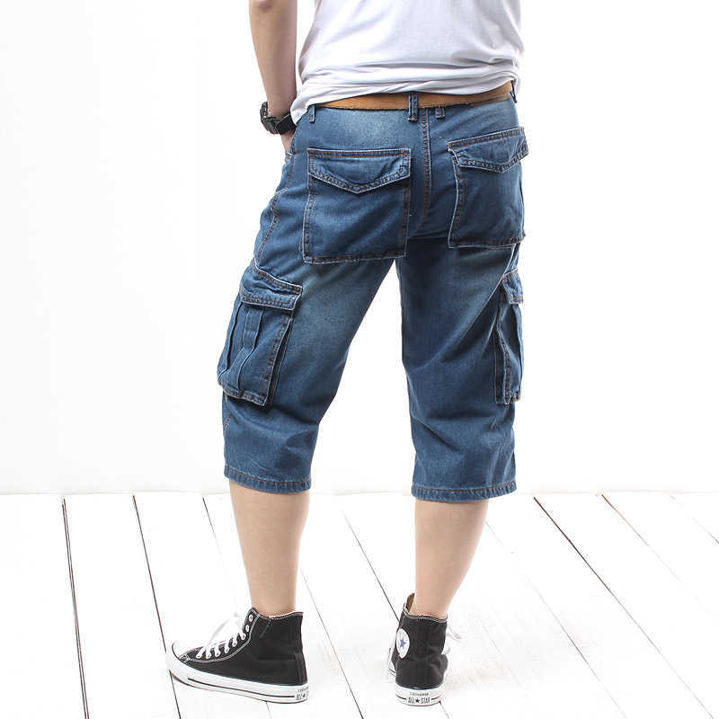 Summer Denim Jean Men Shorts Casual Solid Loose Cargo Knee Length Short Multi Pocket Bermuda Male Long Big Tall Size 210714
