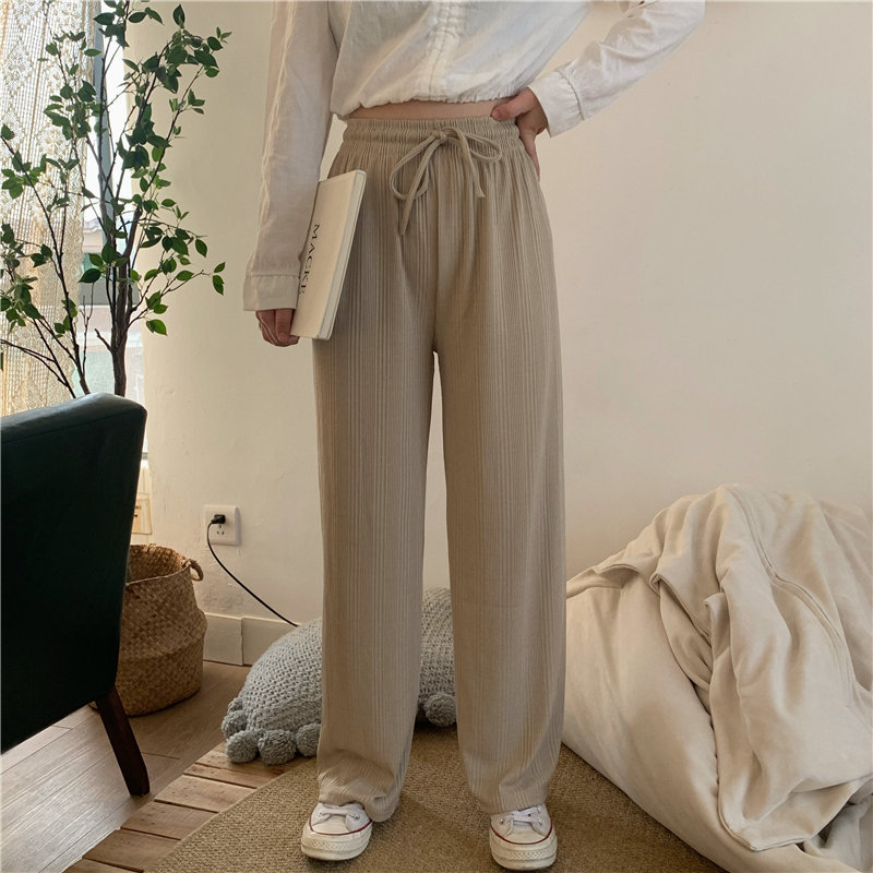 High Waist Loose Summer All Match Elastic Slender Straight Office Lady Casual Solid Wide Leg Trousers 210421