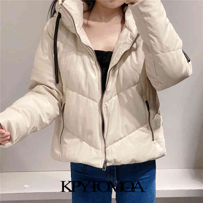 Women Fashion Faux Leather Padded Jacket Thick Warm Parka Coat Long Sleeve Pockets Female Outerwear Chic Tops 210420