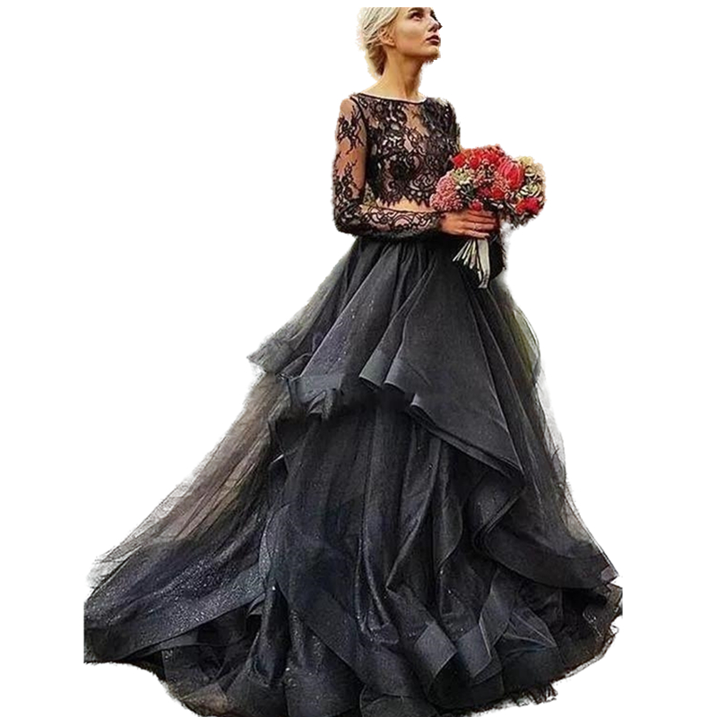 Rustic Black A-Line Wedding Dresses Vintage Gothic Lace Long Sleeve Bridal Dress Two Pieces Tiered Ruffles Piping Wedding Gowns Custom Made 2022 Vesti