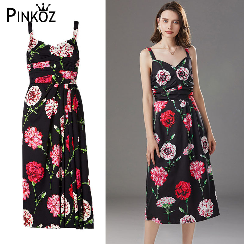 sundress maxi floral dress ruched v-neck sexy party black flower print dinner beach dresses summer clothes for women 210421