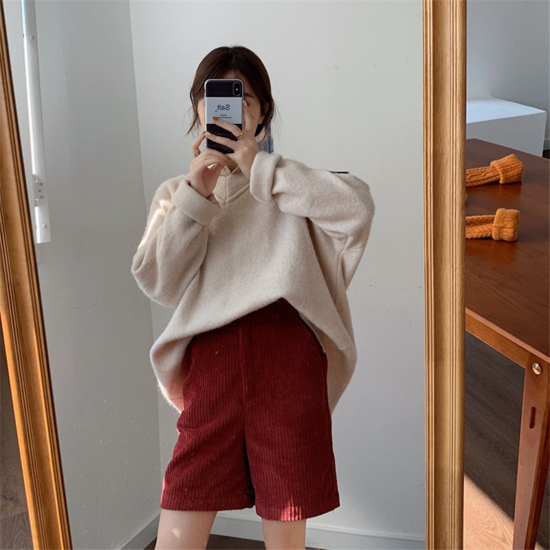Red High Waist Corduroy Slender Casual Streetwear Chic Fashion Women All-Match Loose Simple Wide Leg Shorts 210421
