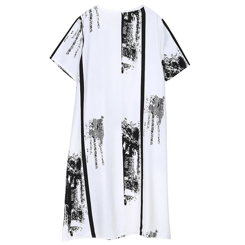 [EAM] Women White Big Size Hand-painted Dress Round Neck Short Sleeve Loose Fit Fashion Spring Summer 1DD7141 210512