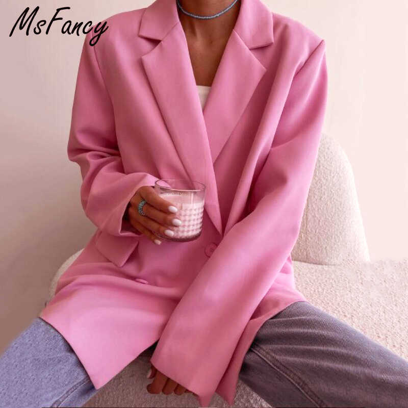 Msfancy Pink Blazer Women Long Sleeve Double Breasted Elegant Tailleur Femme Vintage Suit 210930