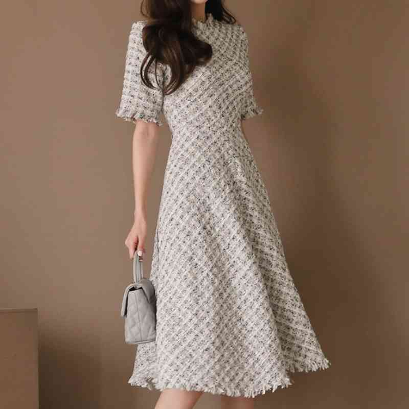 Spring And Summer Woolen Tweed Dress Women Short Sleeve High Waist Midi Elegant Plaid Slim Korea 210520