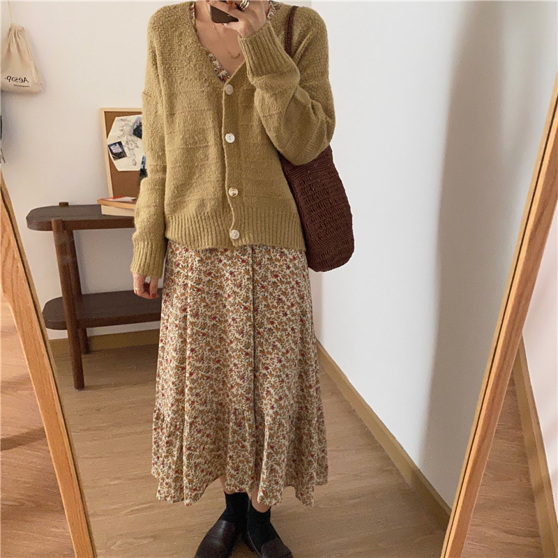 Spring Autumn Women Ladies Sleeve Boho V Neck Floral Print Robe Medium Long T-Shirt Dress T0D23C 210416