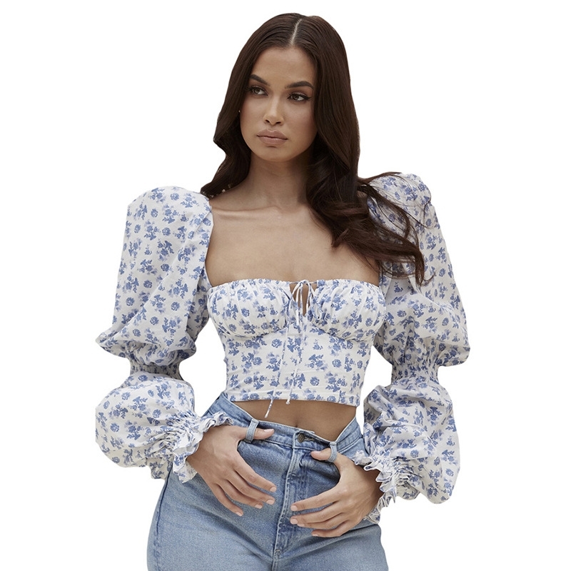 Ins Europe and America spring women's sexy one neck bubble sleeve short slim print T-shirt for women 210602