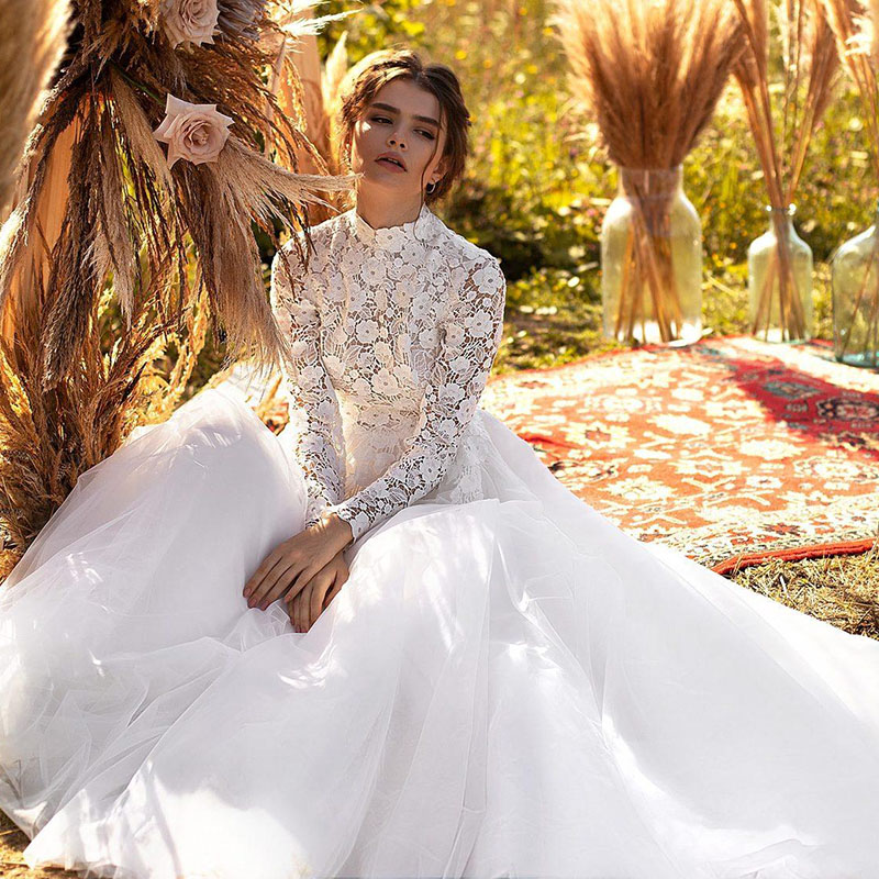 2022 Wedding Dress Muslim Long Sleeves Lace Appliques Princess Bridal Gown Boho A Line Wedding Dresses Vestidos de Noiva Robe Mariage