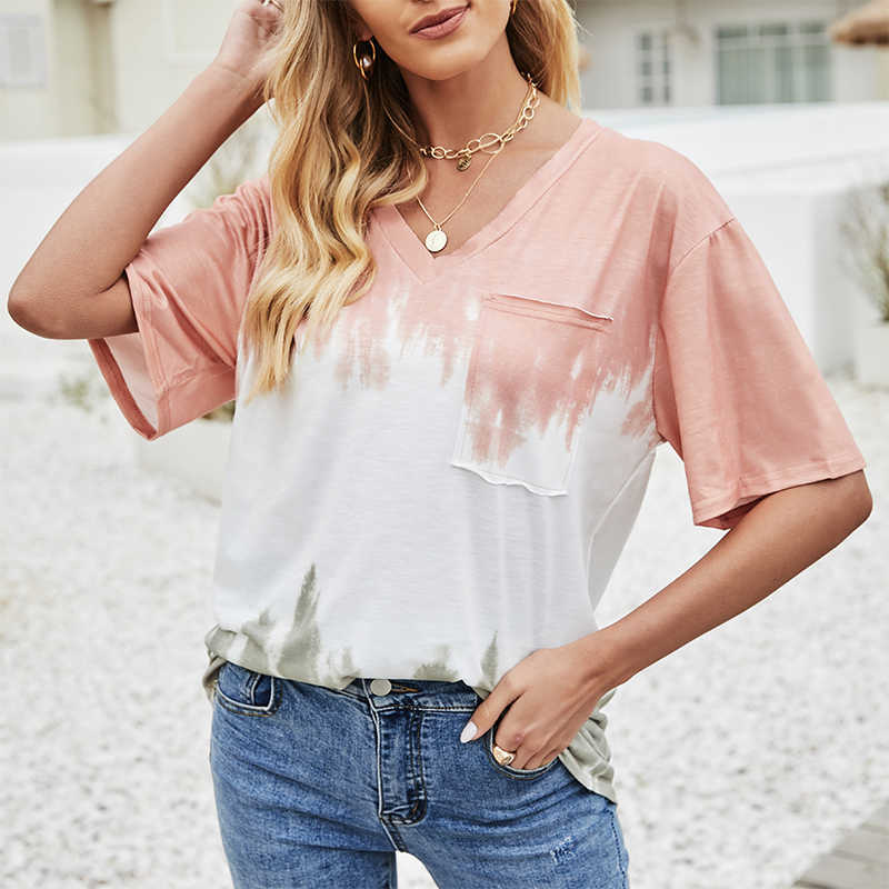 V-neck Three Color Gradient Tie Dye Short Sleeve Fake Pocket T Shirt Women Summer Office Lady Commute Casual Loose Tops 210604, Pink
V-neck Three Color Gradient Tie Dye Short Sleeve Fake Pocket T Shirt Women Summer Office Lady Commute Casual Loose Tops 210604, Pink