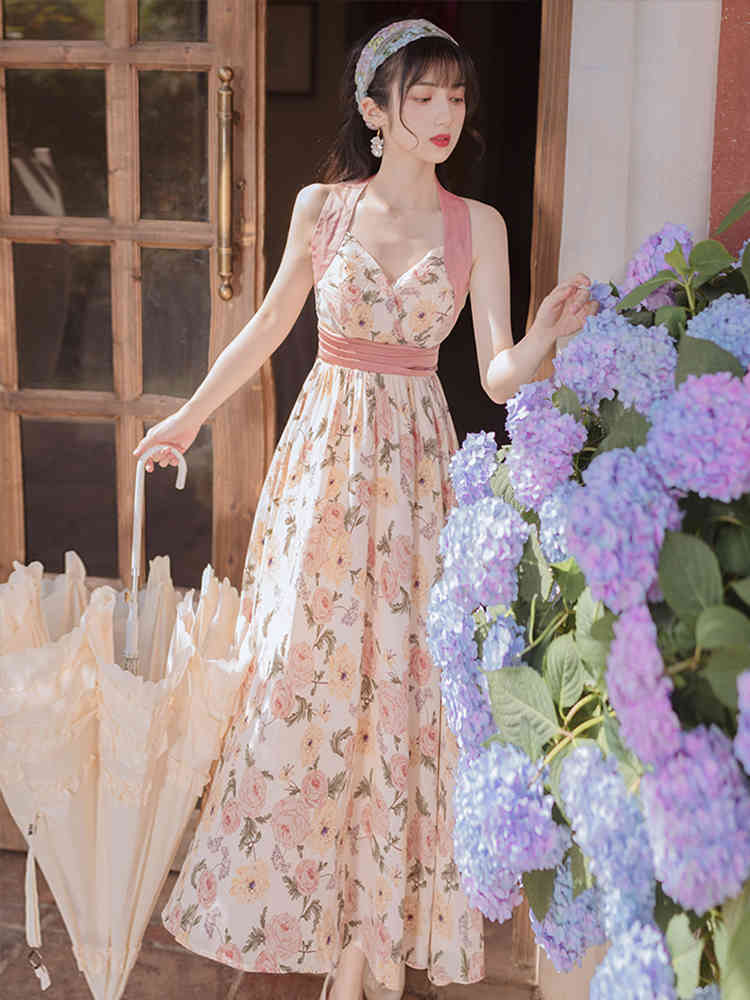 Summer Sweet Flower Print Chiffon Party Dress Women Sexy Halter High Waist Slim Big Swing Beach Long Vestidos 210519
