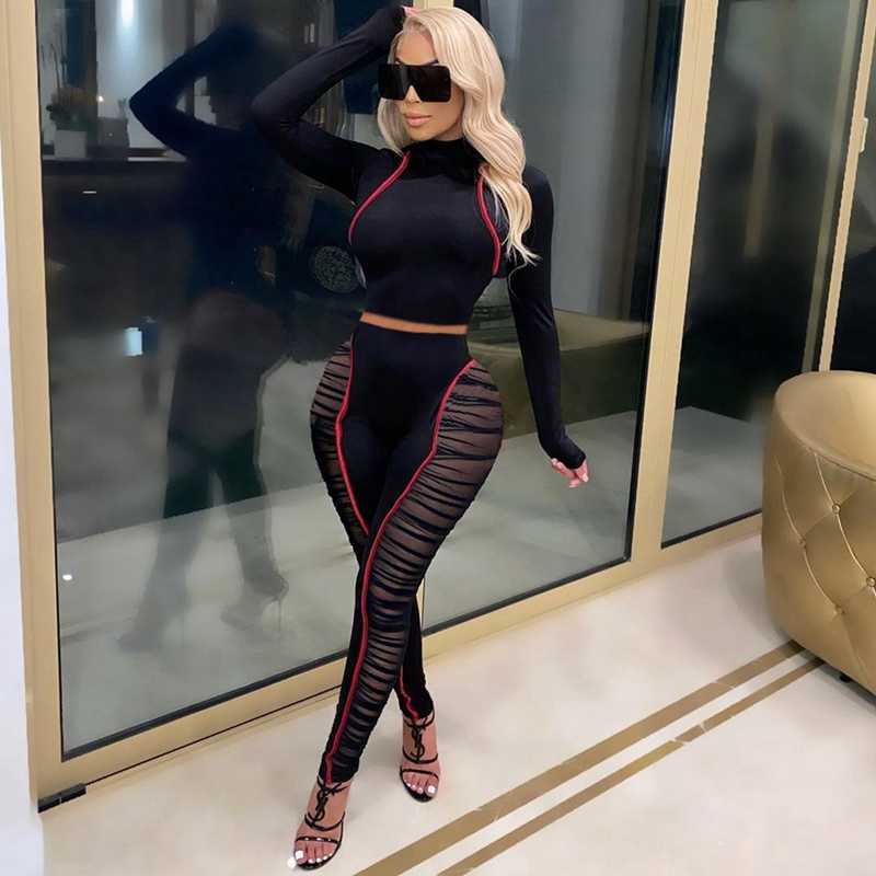 Elegant Sexy Two Piece Set Women Long Sleeve Crop Top and Bodycon Pants Set Party Club Outfits for Women 2 Piece Tracksuit Set Y0625
