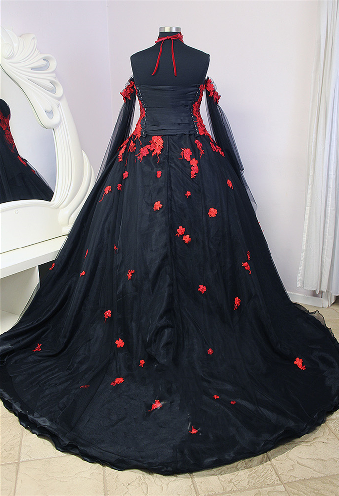 Gothic Black And Red Floral Wedding Dress Off Shoulder Long Sleeve Lace Appliques Ball Gowns Vintage Victorian Bride Wedding Dresses Back Lace-up Plus