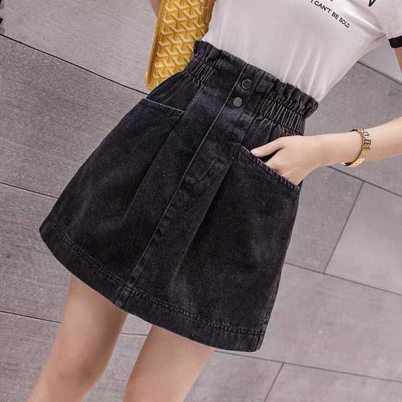 Elastic High Waist Denim Skirt Woman Skirts Mini Jean Pockets Casual Streetwear Female A-line Sexy Black 210619