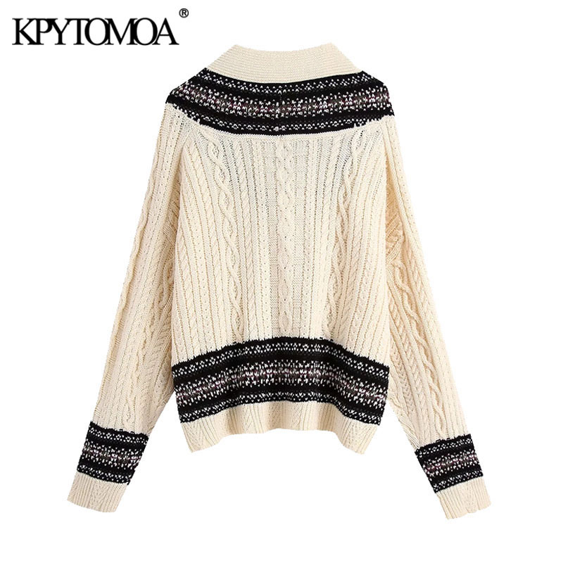 Women Fashion Oversized Jacquard Cable-knit Sweater V Neck Long Sleeve Female Pullovers Chic Tops 210420