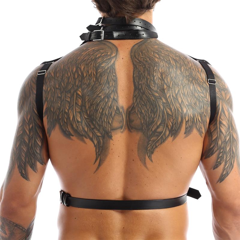 Male Lingerie Leather Harness Adjustable Sexy Gay Clothing Sexual Body Chest Belt Strap Punk Rave Costumes For Sex Elbow Knee Pa