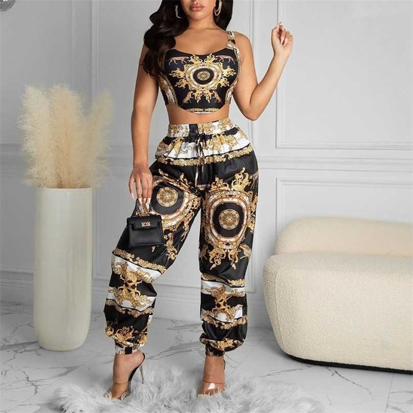 Summer Women Black Clubwear Two Piece Suit Sets Sleeveless Scarf Print Crop Top & High Waist Casual Long Pants Set 211105