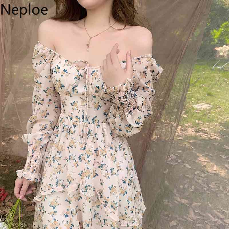 Neploe Summer Sweet Floral Dress Women Elegant Square Collar Long Sleeve Beach Dresses Temperament Slim Lace-up Chiffon Vestidos 210422