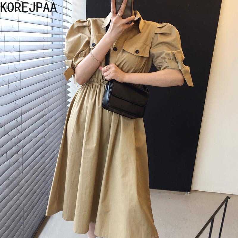 Korejpaa Women Dress Summer Korean Chic French Retro Lapel Three-Button Wooden Ears Receiving Waist Puff Sleeve Vestidos 210526, Khaki
Korejpaa Women Dress Summer Korean Chic French Retro Lapel Three-Button Wooden Ears Receiving Waist Puff Sleeve Vestidos 210526, Khaki