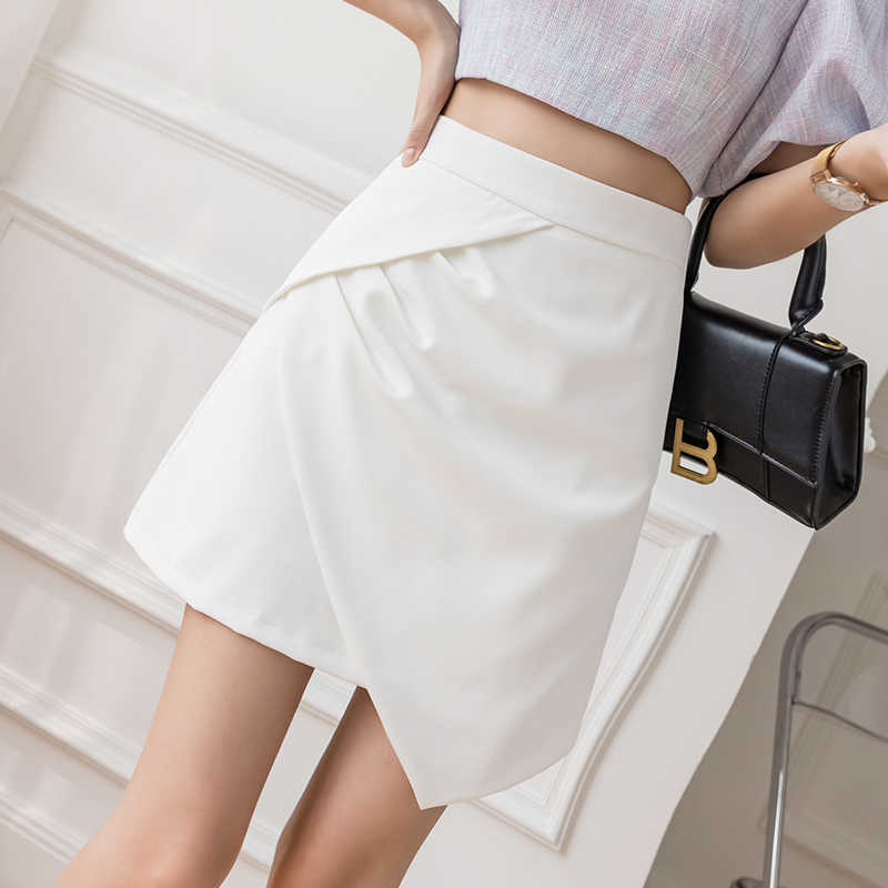 Korean Fashion Skirts High-waisted Woman Summer Solid Above Knee Mini Sexy Women Asymmetric Folds Skirt for Female 210604