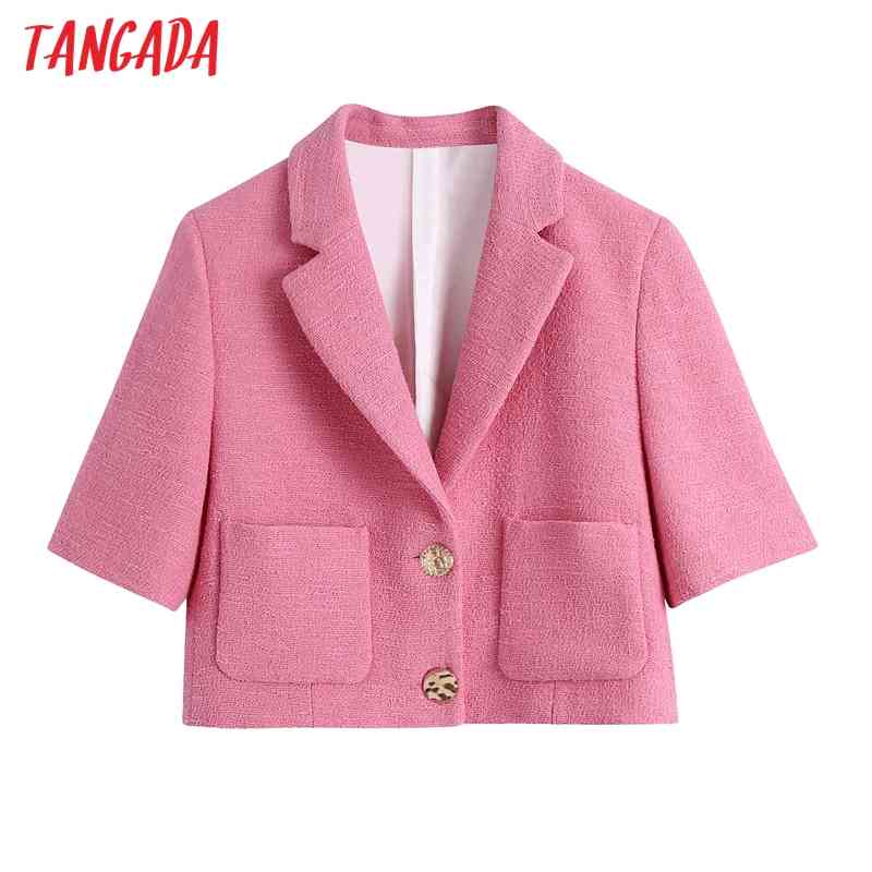 Women Pink Tweed Blazers Coat Vintage Notched Collar Short Sleeve Fashion Female Outerwear Chic Tops BE519 210416