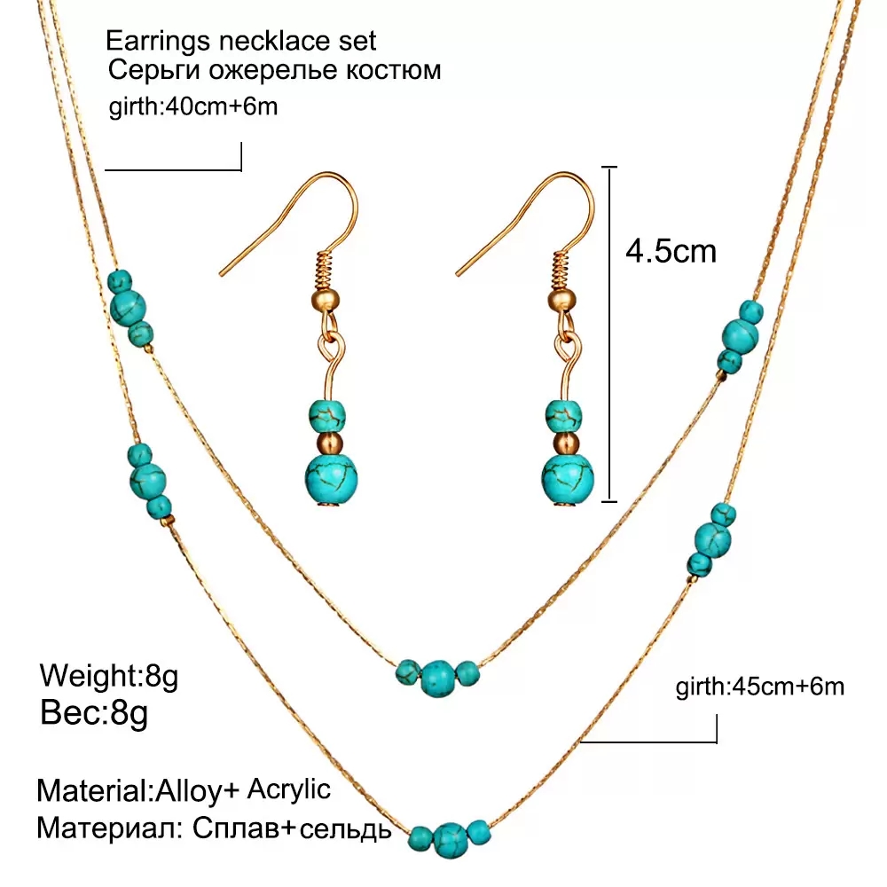 Brand New Vintage Turquoise Jewelry Sets Blue Turquoise Necklace Earring Ring Set Women