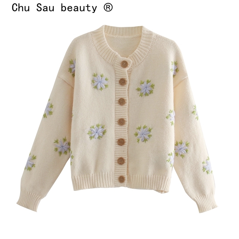 Autumn Casual Chic Floral Embroidery Knitted Cardigans Women Fall Fashion O-neck Cardigan sweater Female Loose sweaters 210508