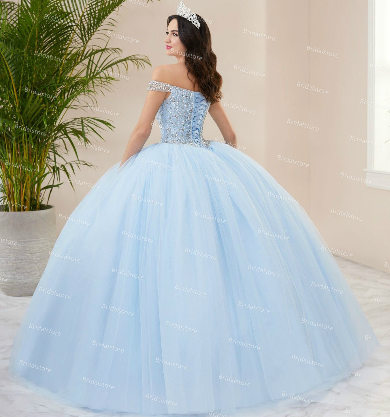 Princess Light Blue Crystal Sweet 16 Dress For Quinceanera Dresses 2021 Off The Shoudler Ball Gown Prom Party Gowns Lace Up Vestidos De 15 Años