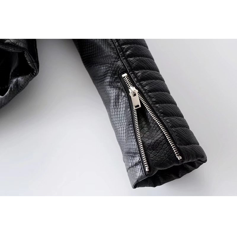 women's fashion snake zipper PU suit collar slim slimming locomotive female jacket coat black 210507