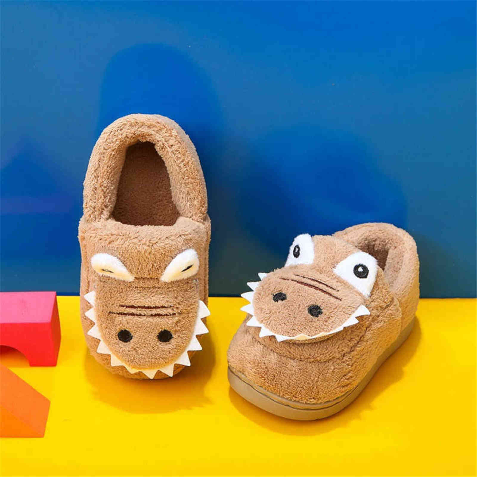 Winter Warm Home Kids Fur Slippers Cute dinosaur Pattern Indoor Cartoon Baby Slippers Soft Sole Rubber Bottom Children Shoes 211119