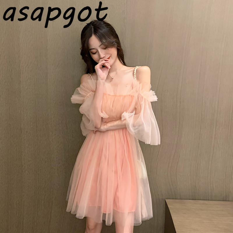 Dresses Summer Sweet Girls Chic Korean Off The Shoulder Pink Mesh Dress Women Slash Neck Short Sleeve Strap Vestido Feminino 210429