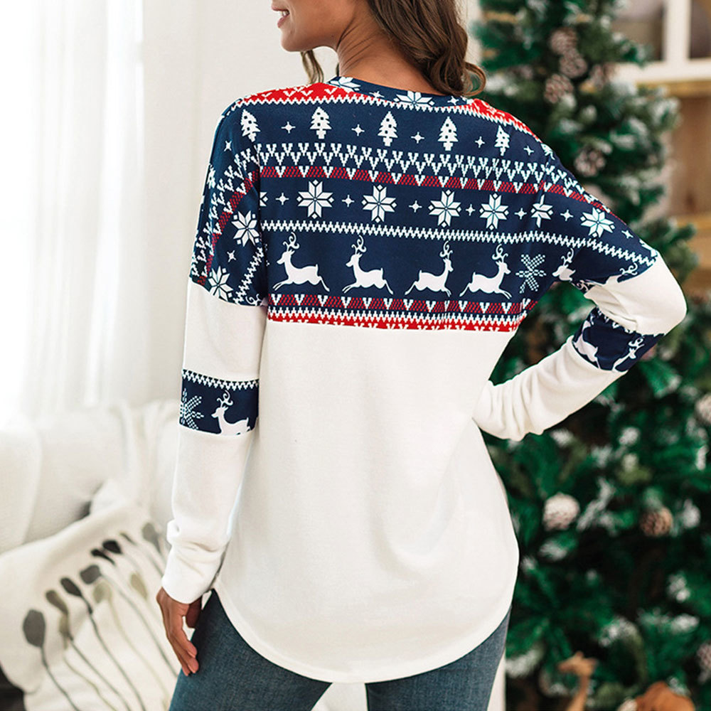 Christmas Printed Women T-Shirt Long Sleeve O-Neck Patchwork Female Tops Lady Clothes Holiday Casual Blouse Festival Outwear 210428