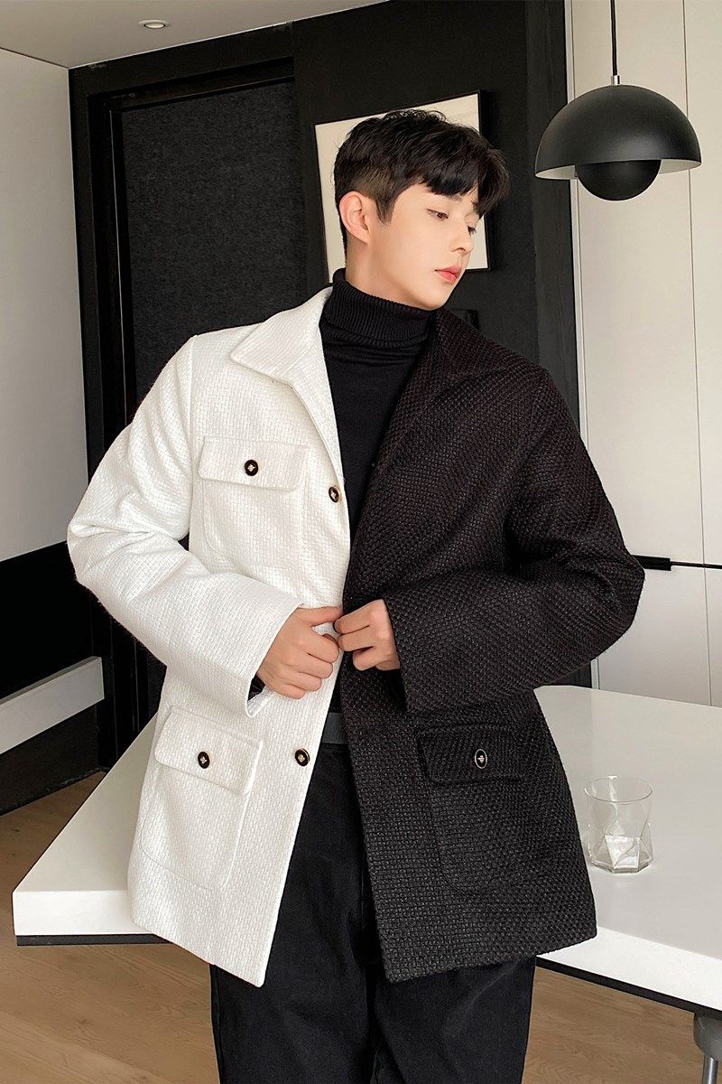 IEFB streetwear color block tweed thickened suit coat for men Spring Autumn single breasted black white blazers males 9Y4397 210524