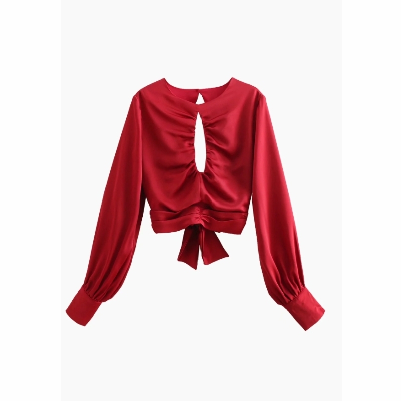 Summer Women Cherry Print Hollow Decoration Short Blouse Female Long Sleeve Shirt Casual Lady Crop Tops Blusas S8755 210430
