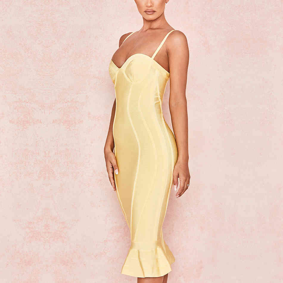Summer Women Midi Bodycon Bandage Dress Sexy Sleeveless Spaghetti Strap Mermaid Club Celebrity Runway Party 210423